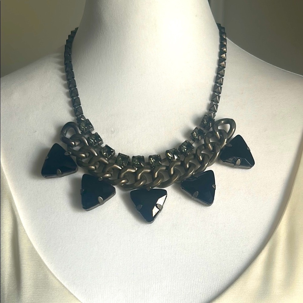 Chunky Statement Black Onyx Smoky Quartz  Rhinestone Colored Gunmetal Necklace
